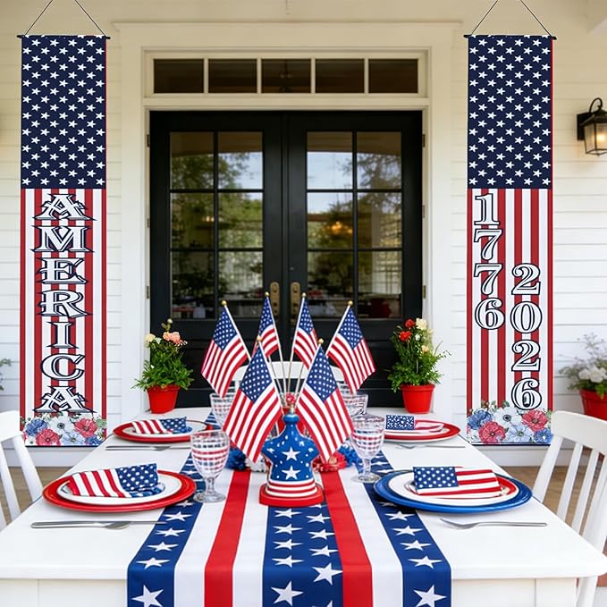 4th of July Decorations Outdoor - 2 Pack 250th Anniversary Patriotic Porch Banners with 6 USA Hand Flags, 1776-2026 Semiquincentennial Hanging Sign Set for Independence Day Party, Balcony Fence Garden Wall Decor
