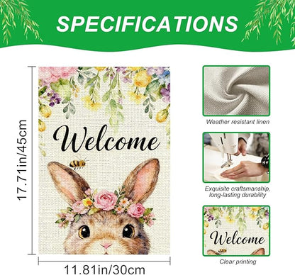 IVN Easter Bunny Garden Flag 12x18 Welcome Cute Bunny Face Floral Crown Roses Spring Flowers Bee Watercolor Double Sided Yard House Flag Seasonal Outdoor Decoration for Outside Home Front Door Lawn Porch Patio Welcome Spring Decor