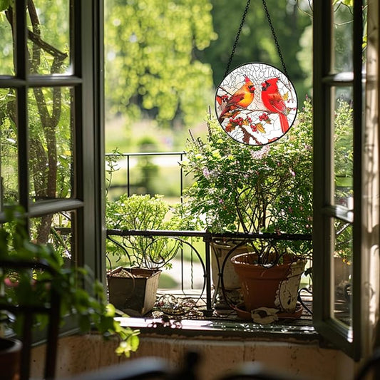 6 Inch Stain Glass Window Hanging, Window Suncatcher with Metal Chain, Cardinal Suncatcher Stained Glass for Bird Lovers Women, Garden, Home, Housewarming Gifts