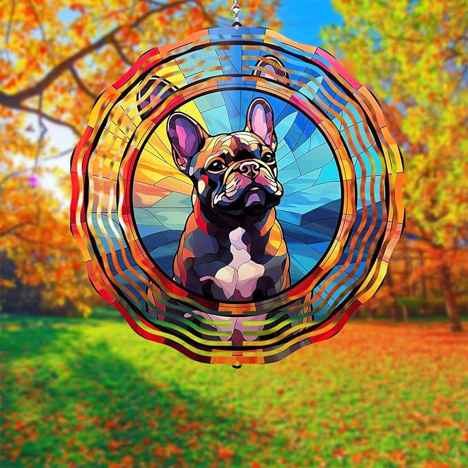 French Bulldog Wind Spinner Pet Dog Memorial Gifts, Vibrant 3D Kinetic Metal Hanging Outdoor Garden Decor, Frenchie Gifts for Dog Lovers, 8" Wind Sculptures for Patio, Porch, Yard Art (Frenchie 7)