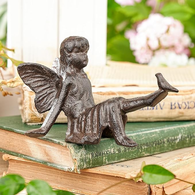 Sungmor Cast Iron Fairy Statue,3.4" Vintage Black Brown Garden Figurine,Rustic Indoor Outdoor Desk Ornament for Patio,Bookshelf Decor