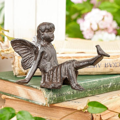 Sungmor Cast Iron Fairy Statue,3.4" Vintage Black Brown Garden Figurine,Rustic Indoor Outdoor Desk Ornament for Patio,Bookshelf Decor