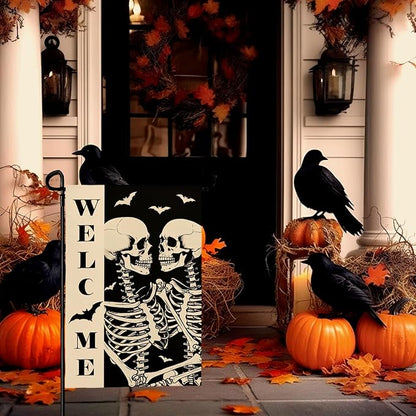 Halloween Welcome Skull Garden Flag Spooky Skeletons Funny Black White Yard Garden Flags Double Sided for Outside Fall Porch Patio Farmhouse Outdoor Decorations 12 x 18 Inch