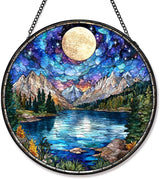Stained Glass Sun Catcher Window Hanging - Sunset Mountains Lake Tree Design, Indoor Decor Gifts for Mother's Day, Birthday, Christmas - Perfect for Women, Men, Mom Home Window Decor (Blue) 7.8 in