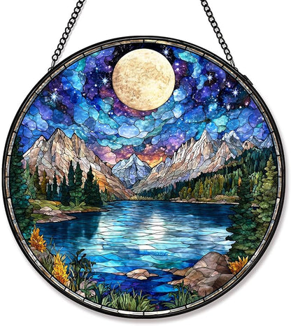 Stained Glass Sun Catcher Window Hanging - Sunset Mountains Lake Tree Design, Indoor Decor Gifts for Mother's Day, Birthday, Christmas - Perfect for Women, Men, Mom Home Window Decor (Blue) 7.8 in