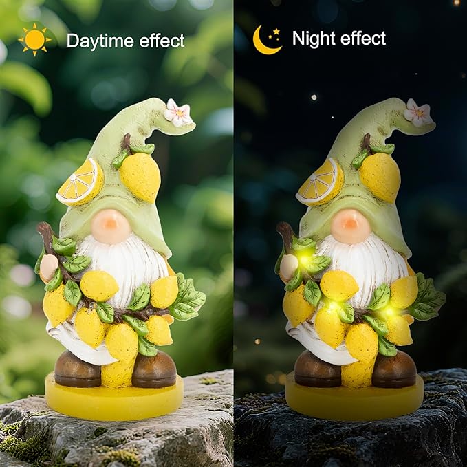 basen Solar Powered Garden Gnome Decor with Lemon Theme, Waterproof Outdoor Lawn Ornaments with Auto On/Off Light, Resin Figurine for Patio, Yard, Pathway, Porch Landscape Lighting Decorations