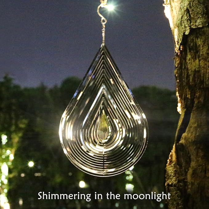 Phuryllic Wind Spinners Outdoor, Garden Decor, Bird Deterrents for Outside, 3D Metal Yard Decorations for Patio & Porch, Unique Gardening Gifts for Women & Moms - 12in Silver Waterdrop
