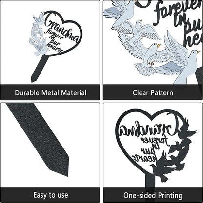 BUoonyer Stake Graves Cemetery Decorations - Grandma Metal Memorial Grave Markers, Grandmother Heart Graveyard Sympathy Plaque, Dove Remembrance Graveside Burial Decor Sign for Outside Yard Garden