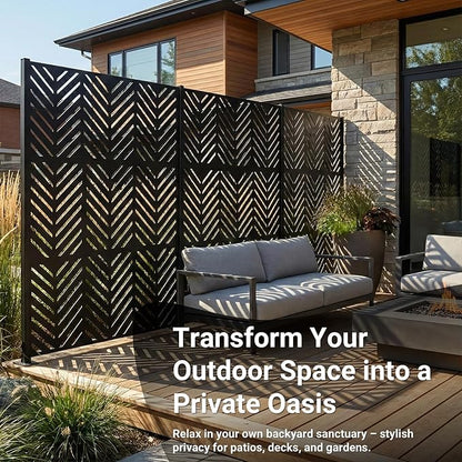 Metal Privacy Screen Outdoor – 6FT Freestanding Decorative Steel Panel with Stand, Laser-Cut Chevron Pattern Modern Privacy Divider, Rustproof & Weather-Resistant Screen for Patio, Garden & Backyard