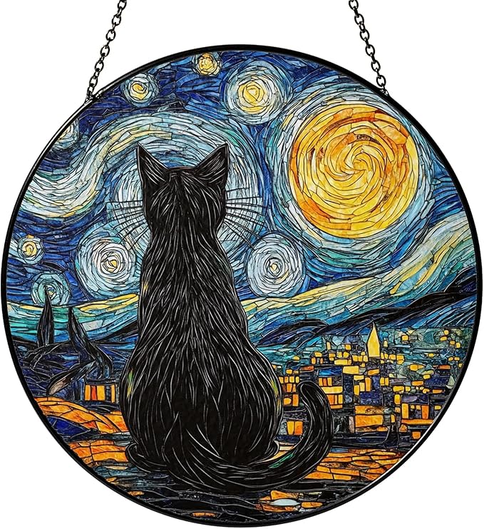 Starry Night Black Cat Stained Glass Suncatcher Window Hanging Decor for Garden, Cat Suncatcher Window Panel Gifts for Cats Lovers, Memorial Gifts for Pet Loss Sympathy Gift for Outdoor Decorations