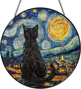 Starry Night Black Cat Stained Glass Suncatcher Window Hanging Decor for Garden, Cat Suncatcher Window Panel Gifts for Cats Lovers, Memorial Gifts for Pet Loss Sympathy Gift for Outdoor Decorations