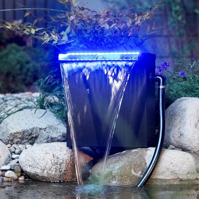 POPOSOAP Pond Waterfall Spillway with LED Lights, 304 Stainless Steel Waterfall Kit with Filtration & 9.8FT Tubing, 660GPH Pond Pump Fountain Kit for Outdoor Garden, Patio, 13.4" H x 8"W-P432D