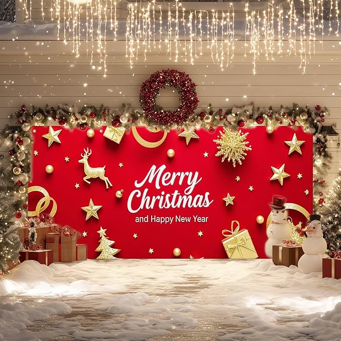 IVN Merry Christmas Happy New Year Garage Door Banner 13x6 ft Christmas Garage Door Wnter Scene Background Indoor Outdoor Red Gold Reindeer Tree Holiday Decorations for Home and Events Wall Backdrop Decor