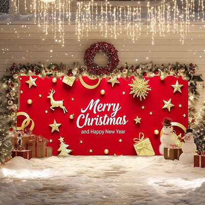 IVN Merry Christmas Happy New Year Garage Door Banner 13x6 ft Christmas Garage Door Wnter Scene Background Indoor Outdoor Red Gold Reindeer Tree Holiday Decorations for Home and Events Wall Backdrop Decor