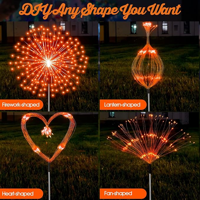 Tujoe 6 Pcs Halloween Solar Firework Stake Lights 180 LED 8 Modes Solar Waterproof LED Sparkler Lights Outdoor Decoration for Summer Fall Xmas Holiday Garden Patio Yard Pathway Walkway, Orange