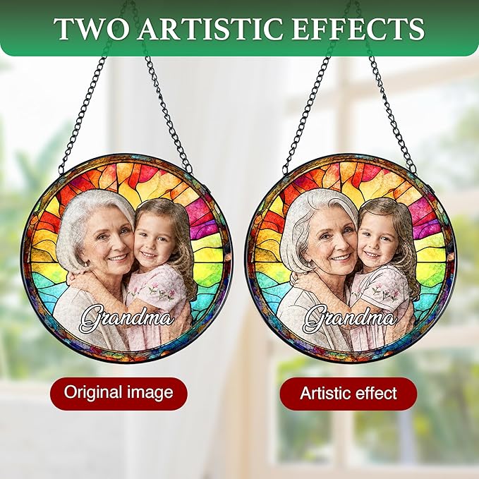 Personalized Grandma Stained Glass Windows Hanging, Family Picture Suncatcher Ornament, Custom Mothers Day Photo Gift from Grandkids, Birthday Grandparents Mom Gifts