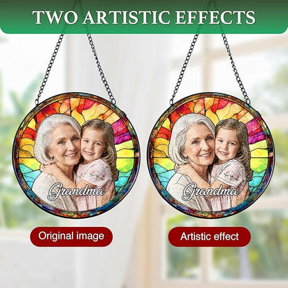 Personalized Grandma Stained Glass Windows Hanging, Family Picture Suncatcher Ornament, Custom Mothers Day Photo Gift from Grandkids, Birthday Grandparents Mom Gifts