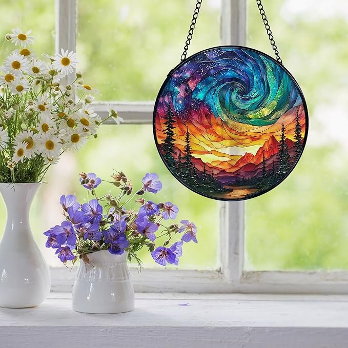 Northern Lights Suncatcher Stained Glass Window Hanging, Nature Mountain Aurora Borealis Sun Catchers Indoor Window Glass Wall Art Decor, Nature Wall Hanging Decor, 7.9x7.9 Inch 036-MH-BLGH