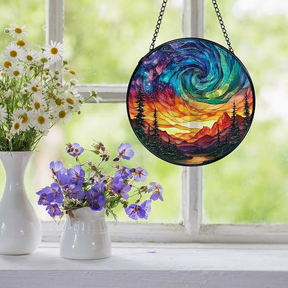 Northern Lights Suncatcher Stained Glass Window Hanging, Nature Mountain Aurora Borealis Sun Catchers Indoor Window Glass Wall Art Decor, Nature Wall Hanging Decor, 7.9x7.9 Inch 036-MH-BLGH