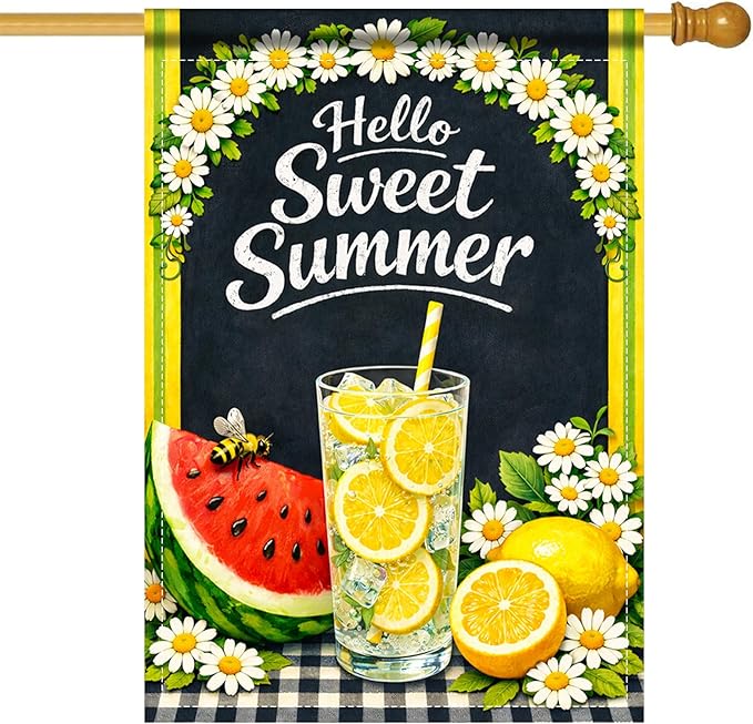 Nuxovilar Large Summer Garden Flag Hello Sweet Summer Lemon Watermelon Daisy Pattern Polyester 28×40 Inches Garden Flags for Outside Seasonal Decor Yard Porch Lawn