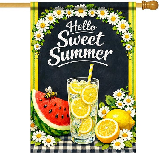 Nuxovilar Large Summer Garden Flag Hello Sweet Summer Lemon Watermelon Daisy Pattern Polyester 28×40 Inches Garden Flags for Outside Seasonal Decor Yard Porch Lawn