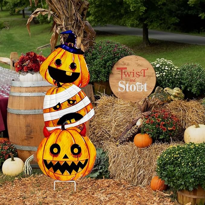 3 Packs Halloween Garden Stakes, Stacked Metal Pumpkins Jack-o-Lantern LawnDecor, Halloween Decorative 3D Pumpkin Yard Signs Stake for Outdoor Front Garden Pathway Decorations