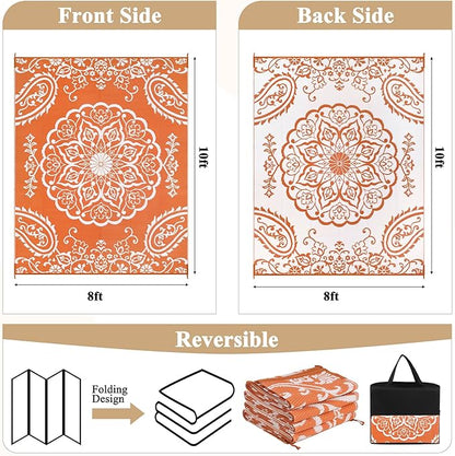 Pauwer Waterproof Outdoor Rug 8x10, Reversible Plastic Straw Patio Camping Rug, Indoor Outdoor RV Mat Carpet for Deck, Camper, Porch, Balcony, Backyard, Picnic, Boho Orange