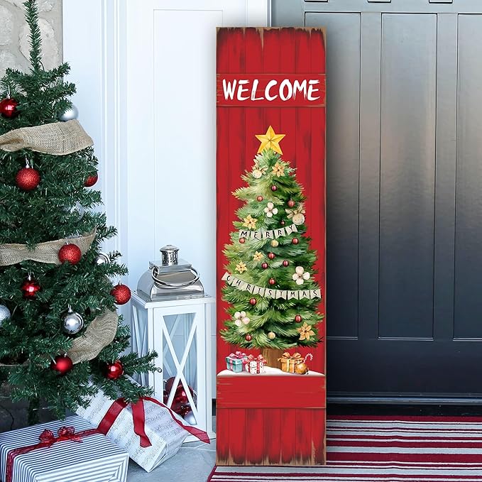 PEROUU Merry Christmas Porch Sign for Front Door, Xmas Wooden Welcome Sign with Christmas Tree for Front Porch Decorations, Winter Garden Decor Outdoor Hanging Signs Wall Sign 31.5" H