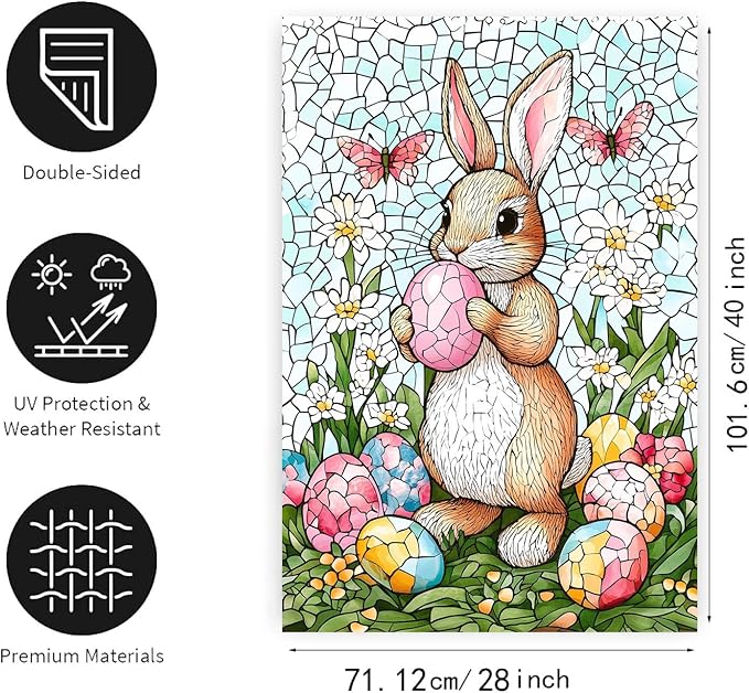 Easter Bunny Garden Flag for outside 28x40 Double Sided Stained Glass Rabbit Flag Easter Egg House Flag Lily Spring Outdoor Flag Large