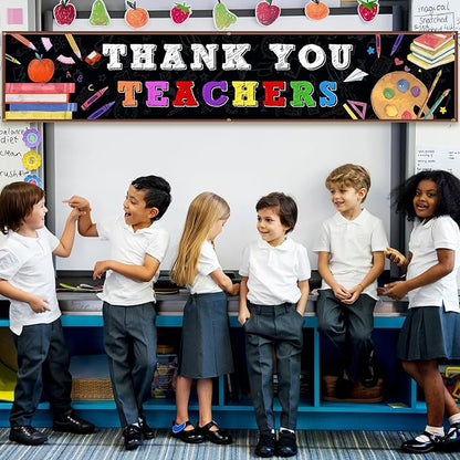 XIFAN Thank You Teachers Banner 98x19.2 Inches, Large Teachers Appreciation Week Hanging Decoration, Teacher's Appreciation Day Classroom Yard Sign Durable Backdrop Poster for Indoor Outdoor Fence Wall Decor