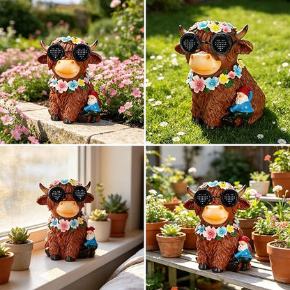 Solar Garden Statues Highland Cattle with Flower and LED Lights Birthday Gifts for Women Mom Grandma Solar Outdoor Decor for Patio Backyard Yard Lawn Decoration-Unique Housewarming Gifts