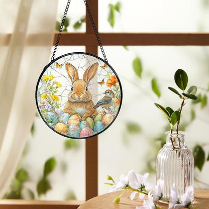 Easter Egg Bunny Bird Suncatchers Stained Glass Window Hanging, Easter Bunny Decor Sun Catchers Indoor Window Glass Round Wall Decor, Rabbit Wall Hanging Decorations, 7.9x7.9in