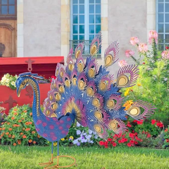 Metal Peacock Statue Garden Decor Iron Art Realistic Tail Spread Peacock Outdoor Sculpture for Lawn Yard Ornament