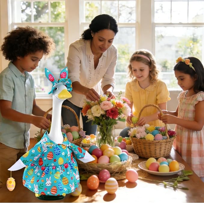 Easter Outfit for Porch Goose, Bunny Ear Hat with Easter Egg, Blue Dress Fit 17-23 Inch Goose Decoration, Holiday Costume for Front Porch Lawn Garden