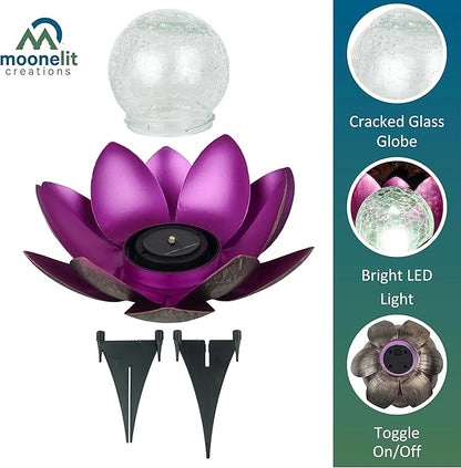 MCSLOTUS-V Violet Lotus Flower Solar LED Garden Light with Crackled Glass Globe – Waterproof Metal Outdoor Décor