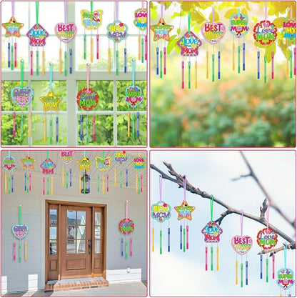 DoubleFill 30 Pack Mother's Day Wind Chime Kit Mom Crafts Make You Own Wind Chimes DIY Coloring Wooden Art and Craft Bulk for Mom's Birthday Gifts Party Decoration Hanging Ornaments