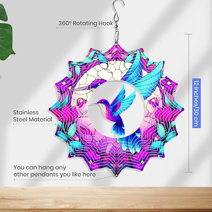 MXJSUA Hummingbird Wind Spinners for Indoor Outdoor Garden Decoration, 12 Inch Hummingbird Stainless Steel Hanging Wind Spinners Ornaments Crafts for Gifts