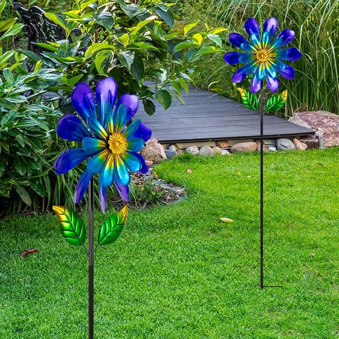 Metal Flower Wind Spinners Outdoor,Double-Layer Garden Windmill Flower Pinwheels for Yard and Garden Decorations