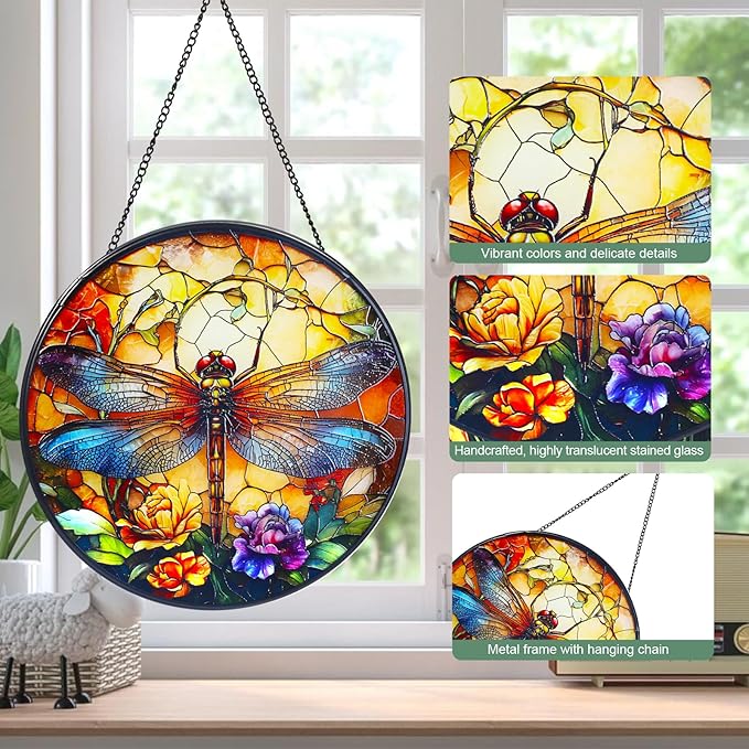 Dragonfly Stained Glass Window Hanging Suncatcher with Chain - 7.9" Outdoor/Indoor Art Decor for Home Garden, Wedding, Mother's, Dad's, Valentine's, Birthday, & Christmas Ornaments Present