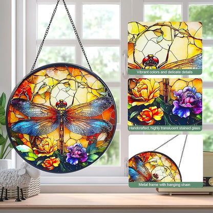 Dragonfly Stained Glass Window Hanging Suncatcher with Chain - 7.9" Outdoor/Indoor Art Decor for Home Garden, Wedding, Mother's, Dad's, Valentine's, Birthday, & Christmas Ornaments Present