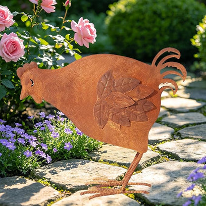 Metal Rooster Garden Decor for Outside, 12.6" Rusty Chicken Outdoor Decor for Patio Lawn Backyard, Decoration Yard Art Animal Ornaments Vintage Rustic Chicken Figurine Sculptures Statues