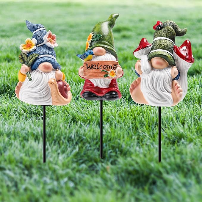 Garden Gnome Statue, Resin Miniature Gnome Set of 3PCS, Figurine with Garden Stakes for Lawn Patio Yard Outdoor Home Decor