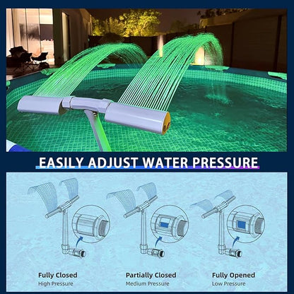 Pool Fountain for In-ground Pool and Above Ground Pools, Dual Spray Adjustable Pool Sprinkler Waterfall with 16-Colors LED Lights and 10 Modes for Outdoor Yard Decoration, RF Remote and App Control