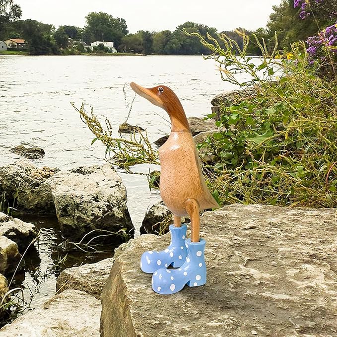 Wooden Crafted Duck Figurine with Spotty Wellies Funny Standing Duck Statues Decorative Resin Rain Boot Animal Sculpture Collectible Crafts Waterproof Garden Lawn Ornament (Blue, 7.9Inch)