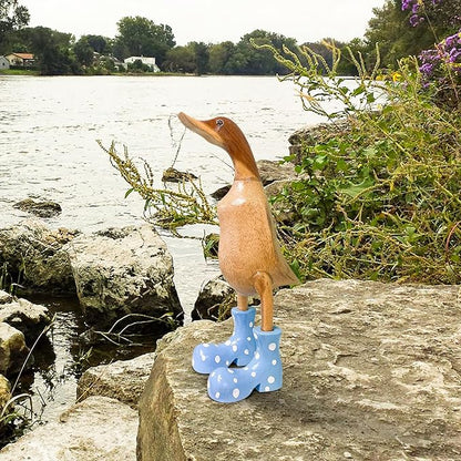 Wooden Crafted Duck Figurine with Spotty Wellies Funny Standing Duck Statues Decorative Resin Rain Boot Animal Sculpture Collectible Crafts Waterproof Garden Lawn Ornament (Blue, 7.9Inch)