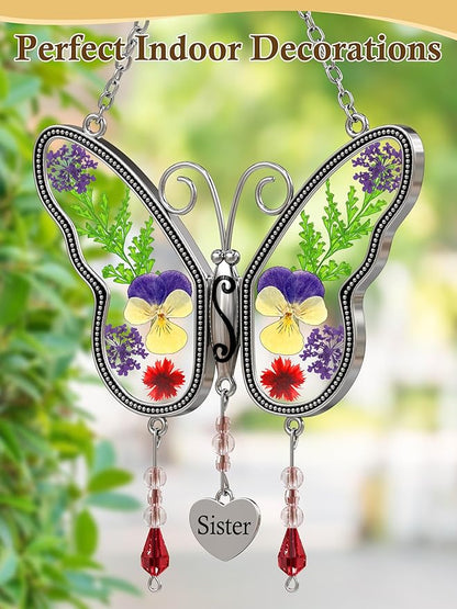 KY&BOSAM Suncatcher Butterfly Stained Glass Sister Suncatchers Hangings for Window Wind Chime Ornament with Pressed Dried Flower Wings Embedded in Glass for Mom Birthdays Christmas
