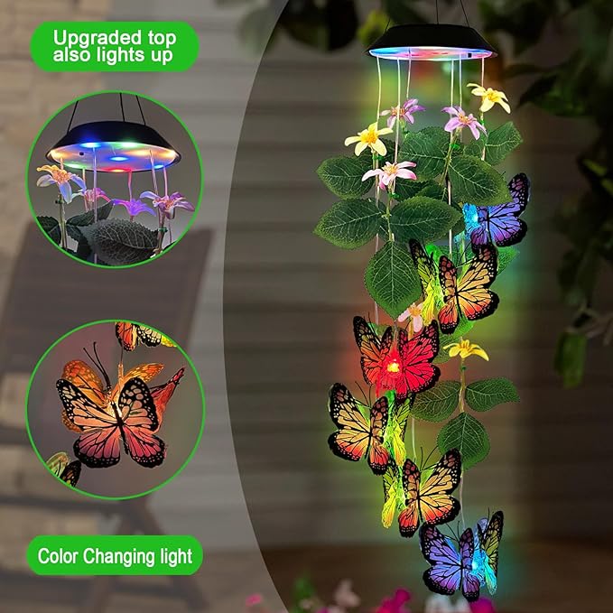 Solar Wind Chimes Outdoor,Colorful Butterfly with Color Changing LED Dangler Mobiles for Outside,Hanging Decoraition for Patio,Porch,Yard,Gifts for Women