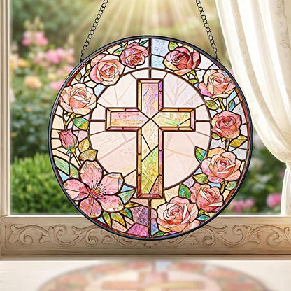 Sun Catcher Cross Stained Glass 7.9 Inch Suncatcher Religious Cross and Roses Suncatchers for Windows Hanging Gifts for Women Cottage Core Apartment Home Decor Christian Gift Religious Gift