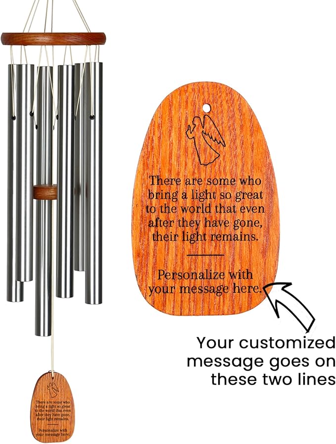 Woodstock Wind Chimes Personalized Amazing Grace Memorial Chime for Outside 24'' Medium Silver Sympathy Customized Angel Inspirational Wind Chime for Outdoor Patio Home Garden Decor (P-AGMS25A)
