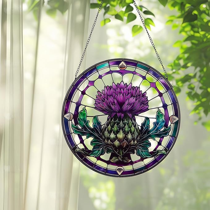 10in Thistle Galss Window Hanging, Celtic/Scottish Symbol Stained - Style Decor, Suncatcher Ornament for Home Wall & Window, Gifts for Friends, Women, Art Lover